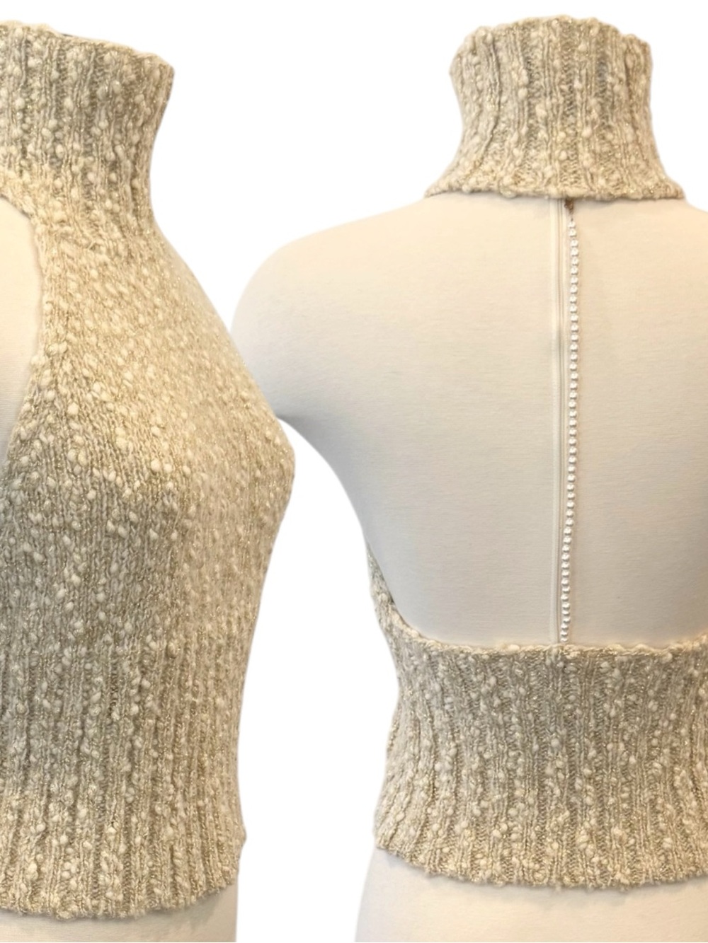 EXPRESS Wool Blend Cream Metallic Gold Knit Vintage Holiday Halter Sweater Top M - Picture 10 of 15